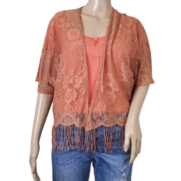 Forever 21 Sweaters - Boho Floral Print Salmon Pink Fringe